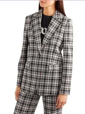 Alexa Chung Steel Gray Pink Checked Plaid Knitted Blazer Size US 2